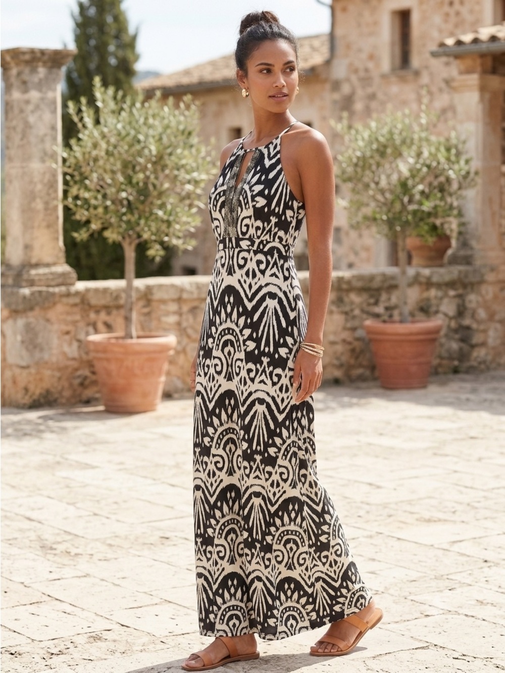 INC International Concepts Black White Ikat Halter Maxi Dress Silver Beaded Smal